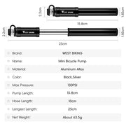 WEST BIKING mini bike pump - size reference