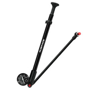 Bike hand pump with gauge - in use on fork shock